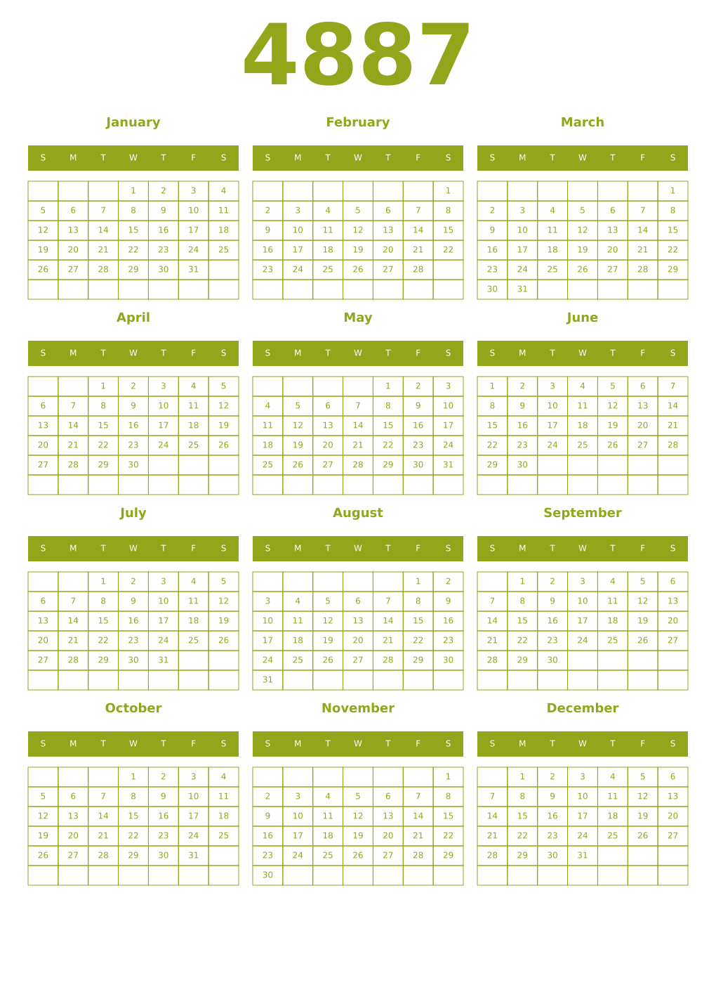 Printable 4887 Year Calendars chartreuse