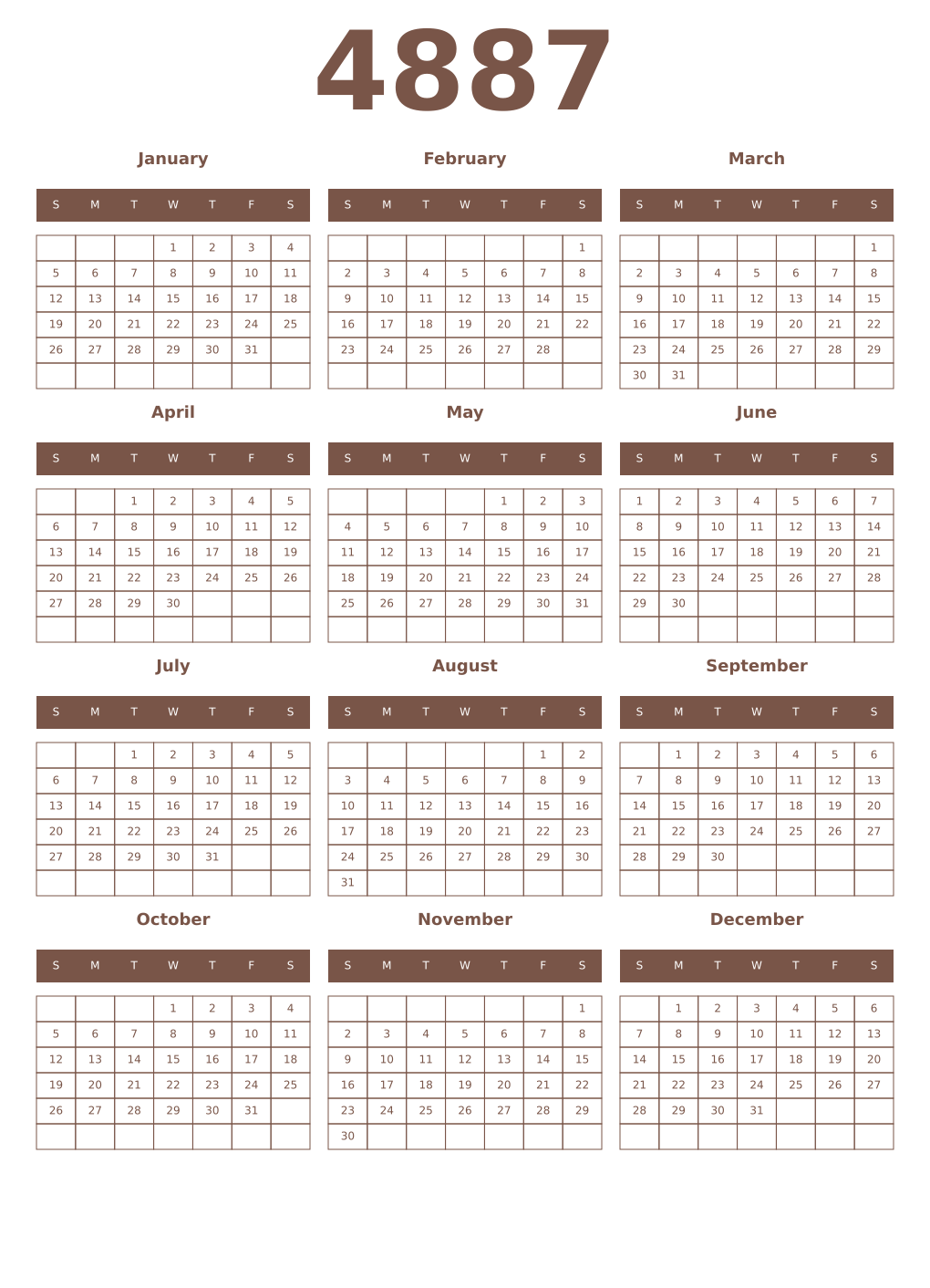 Printable 4887 Year Calendars coffe