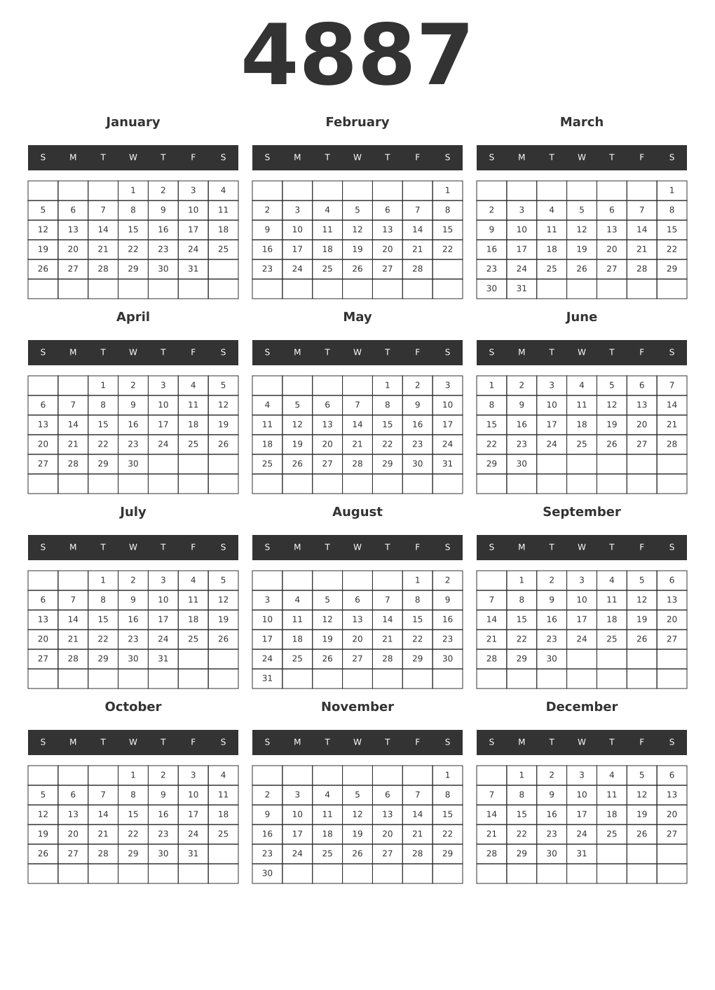 Printable 4887 Year Calendars dark