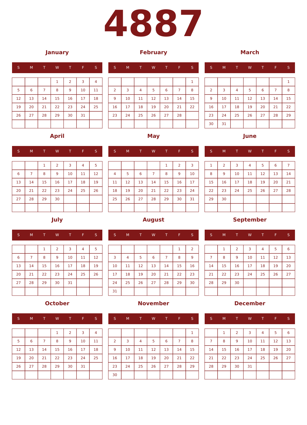 Printable 4887 Year Calendars falu