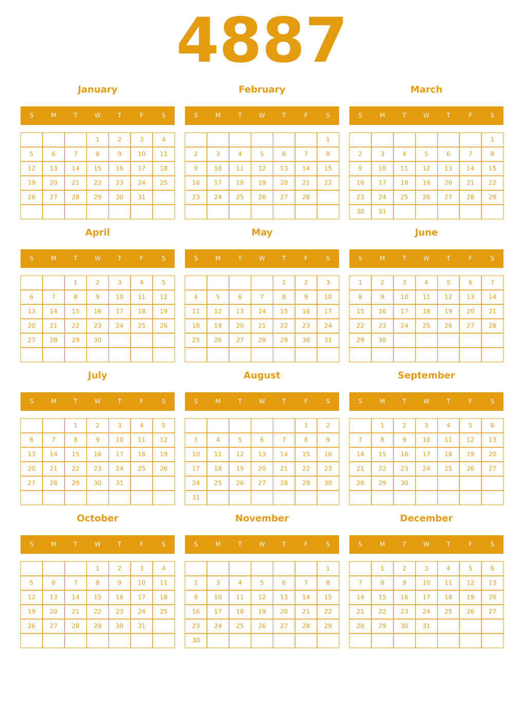 Printable 4887 Year Calendars gamboge