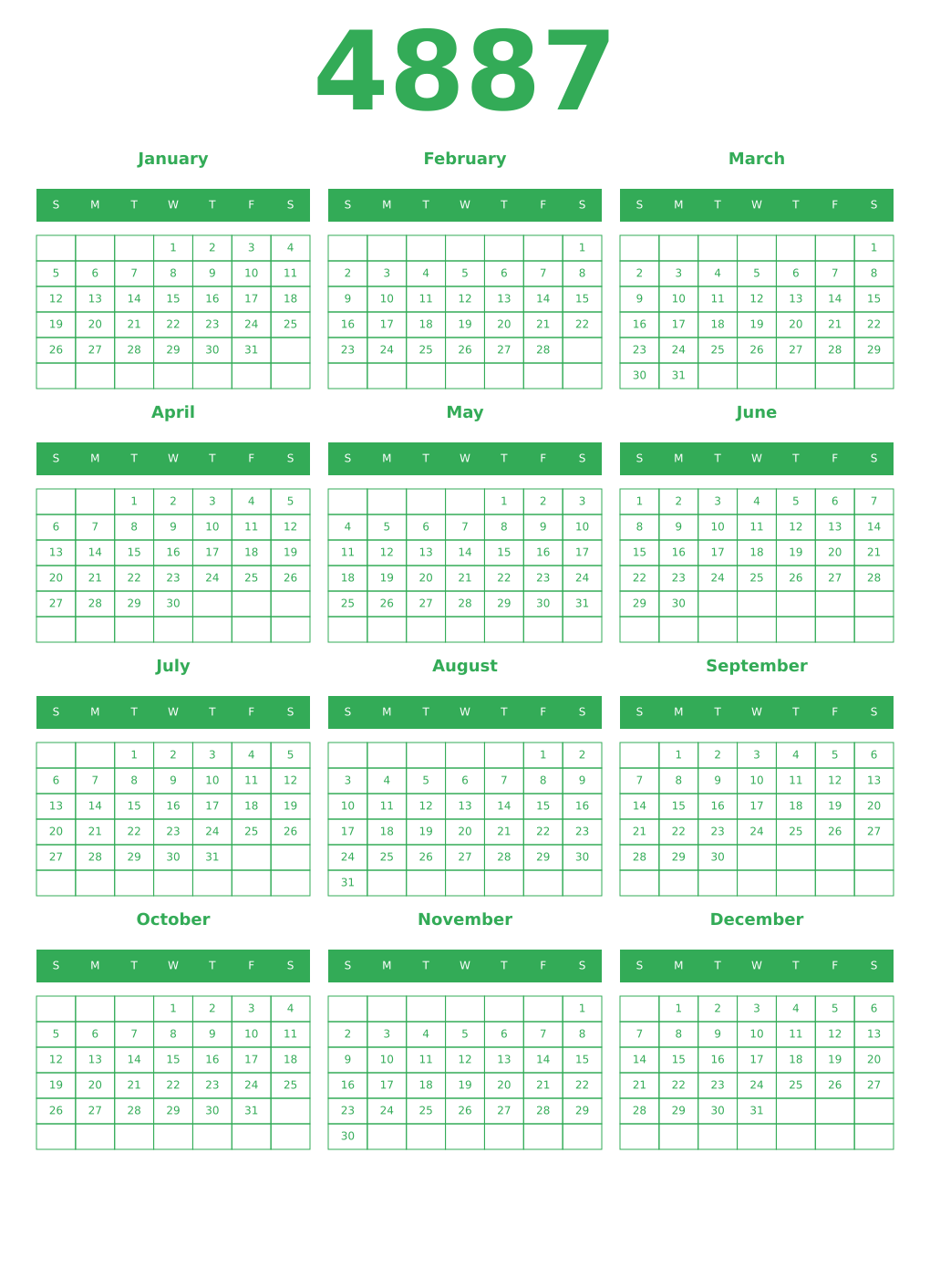 Printable 4887 Year Calendars green