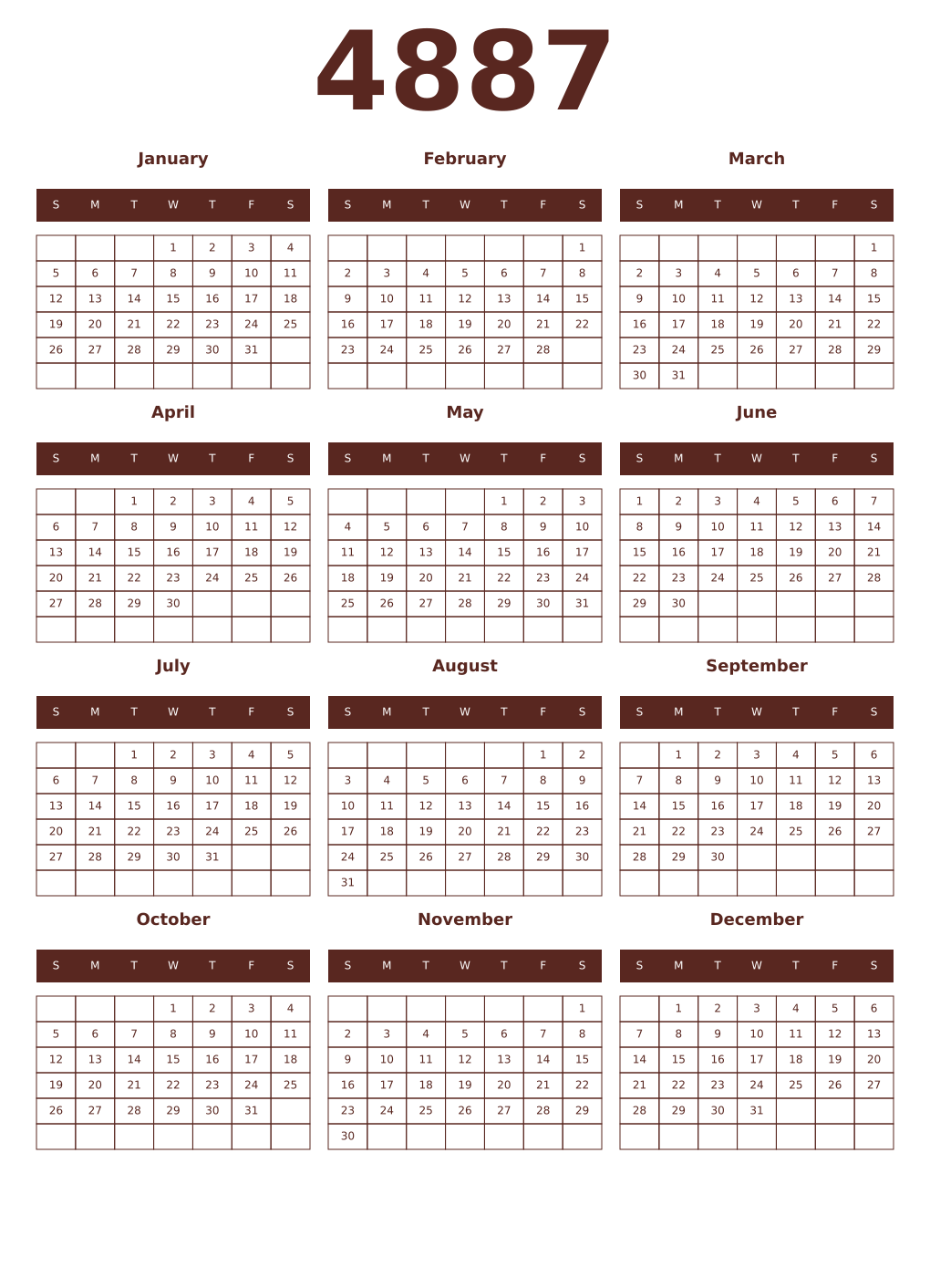 Printable 4887 Year Calendars mortuum