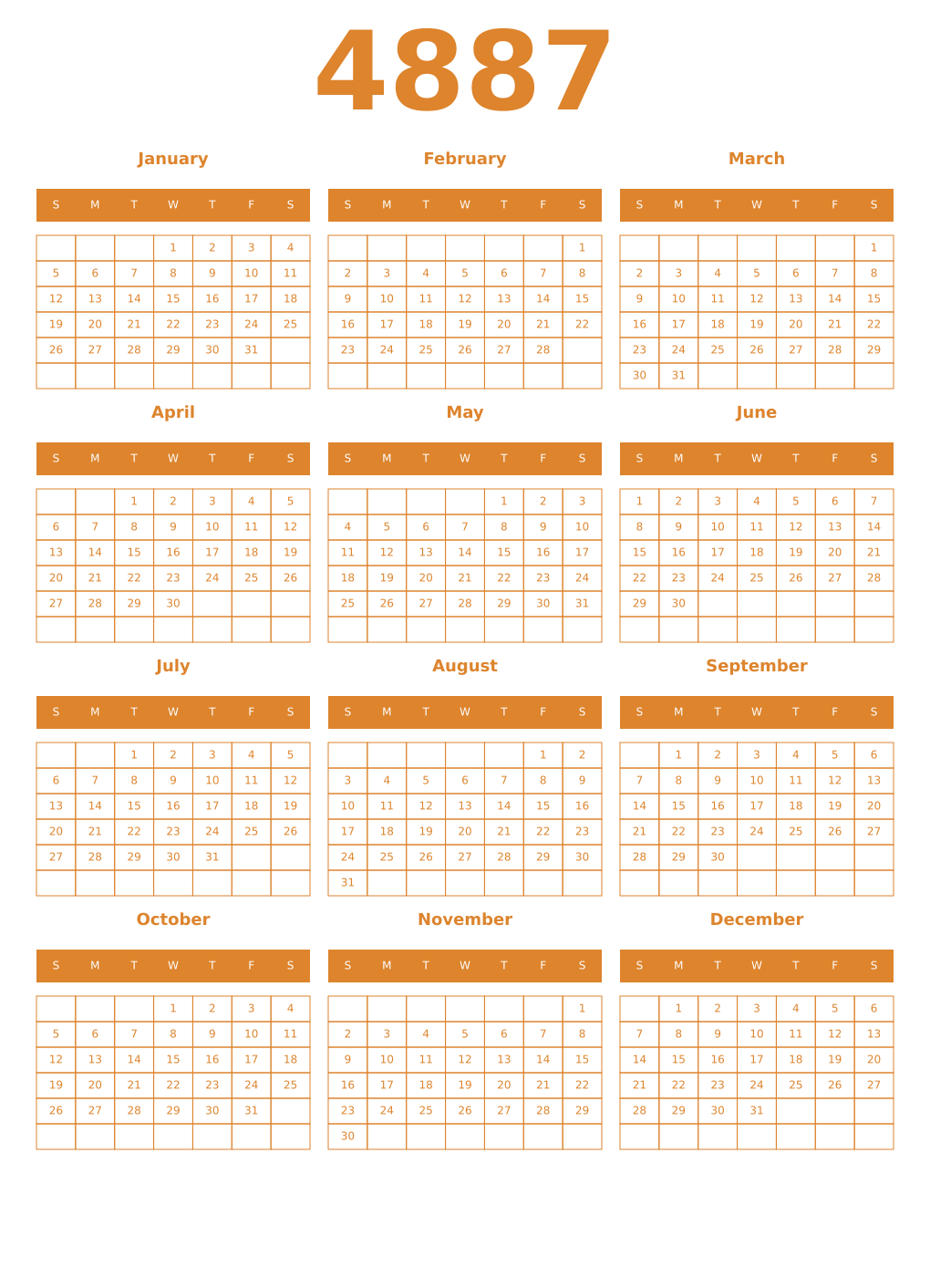 Printable 4887 Year Calendars orange