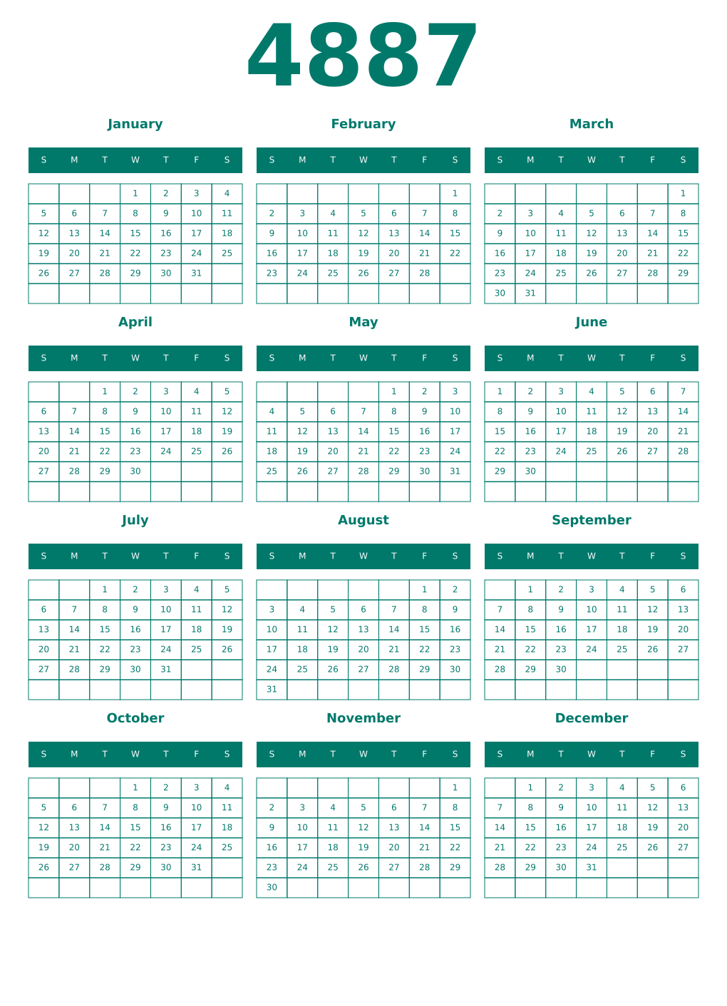 Printable 4887 Year Calendars pastel