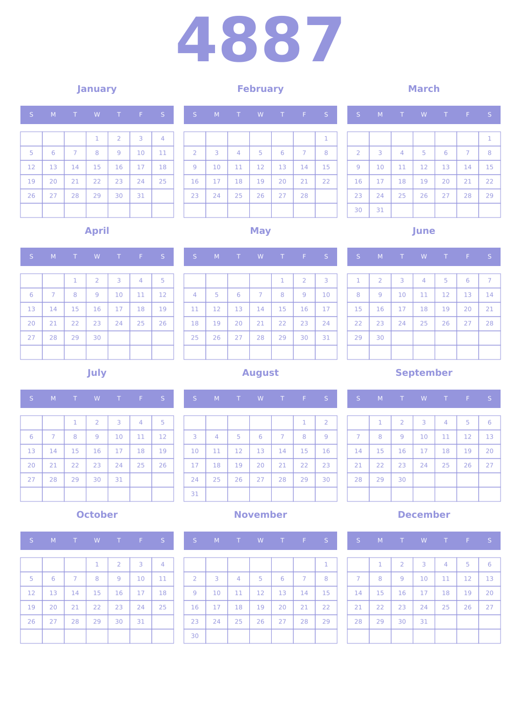 Printable 4887 Year Calendars periwinkle