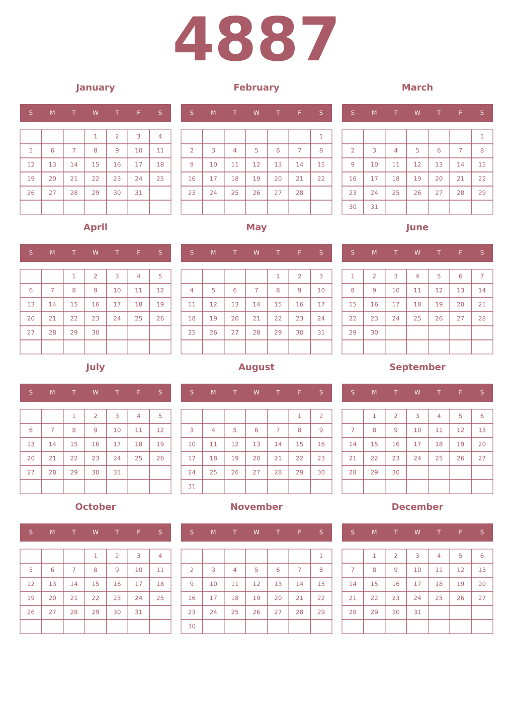 Printable 4887 Year Calendars puce