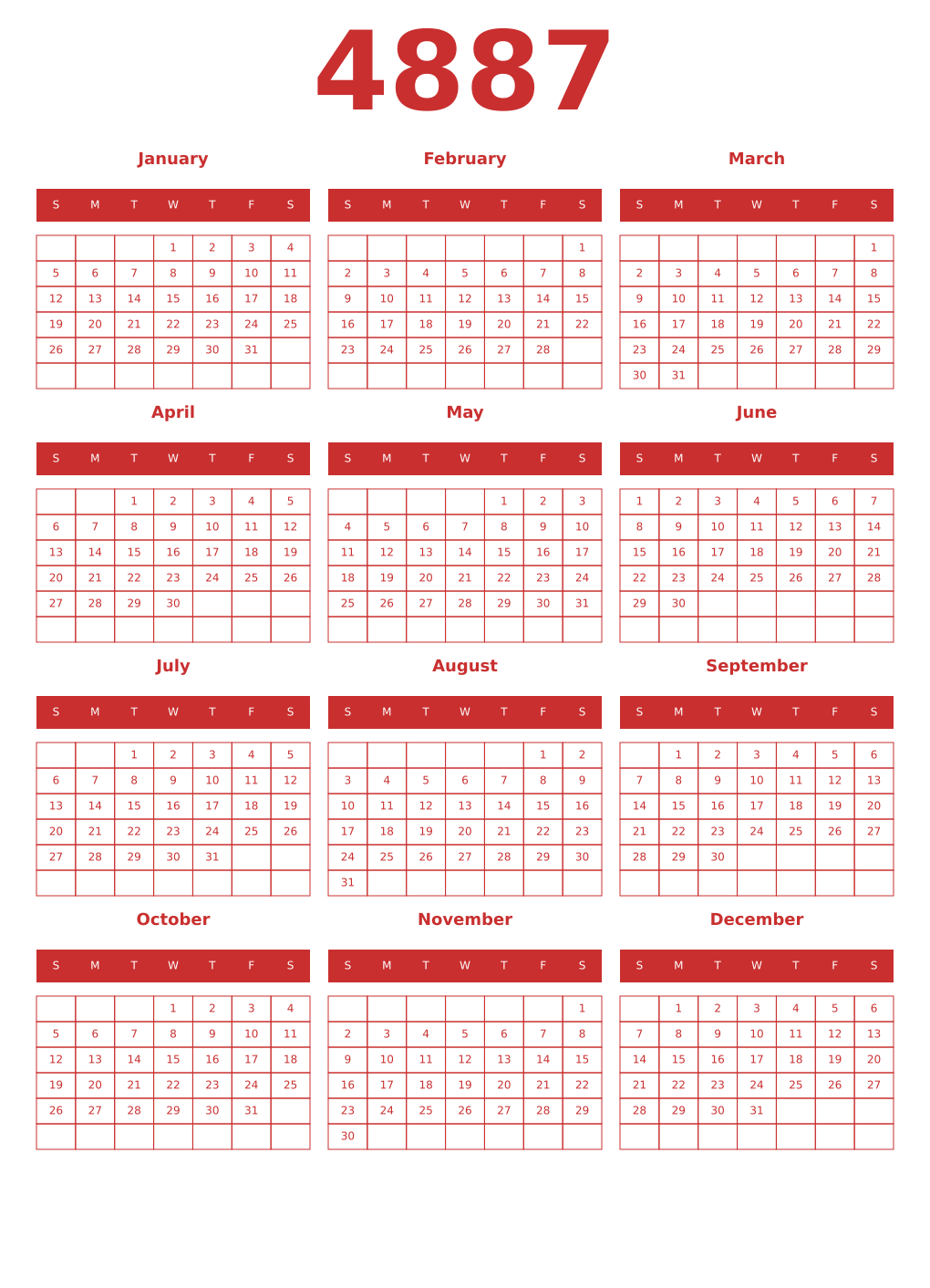 Printable 4887 Year Calendars red