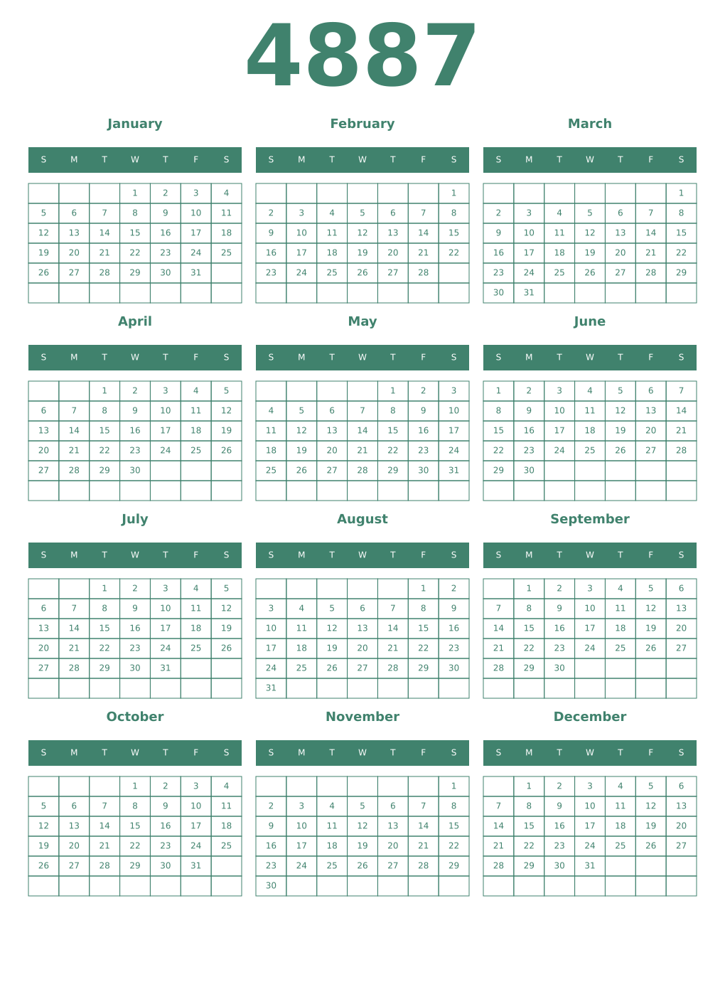 Printable 4887 Year Calendars viridian