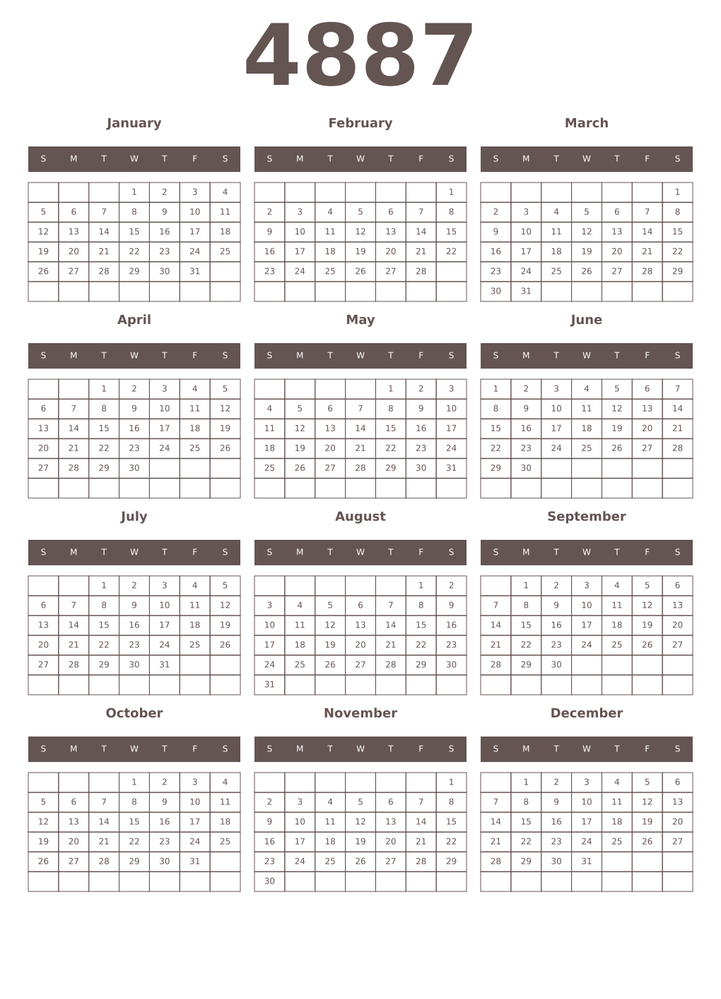 Printable 4887 Year Calendars wenge