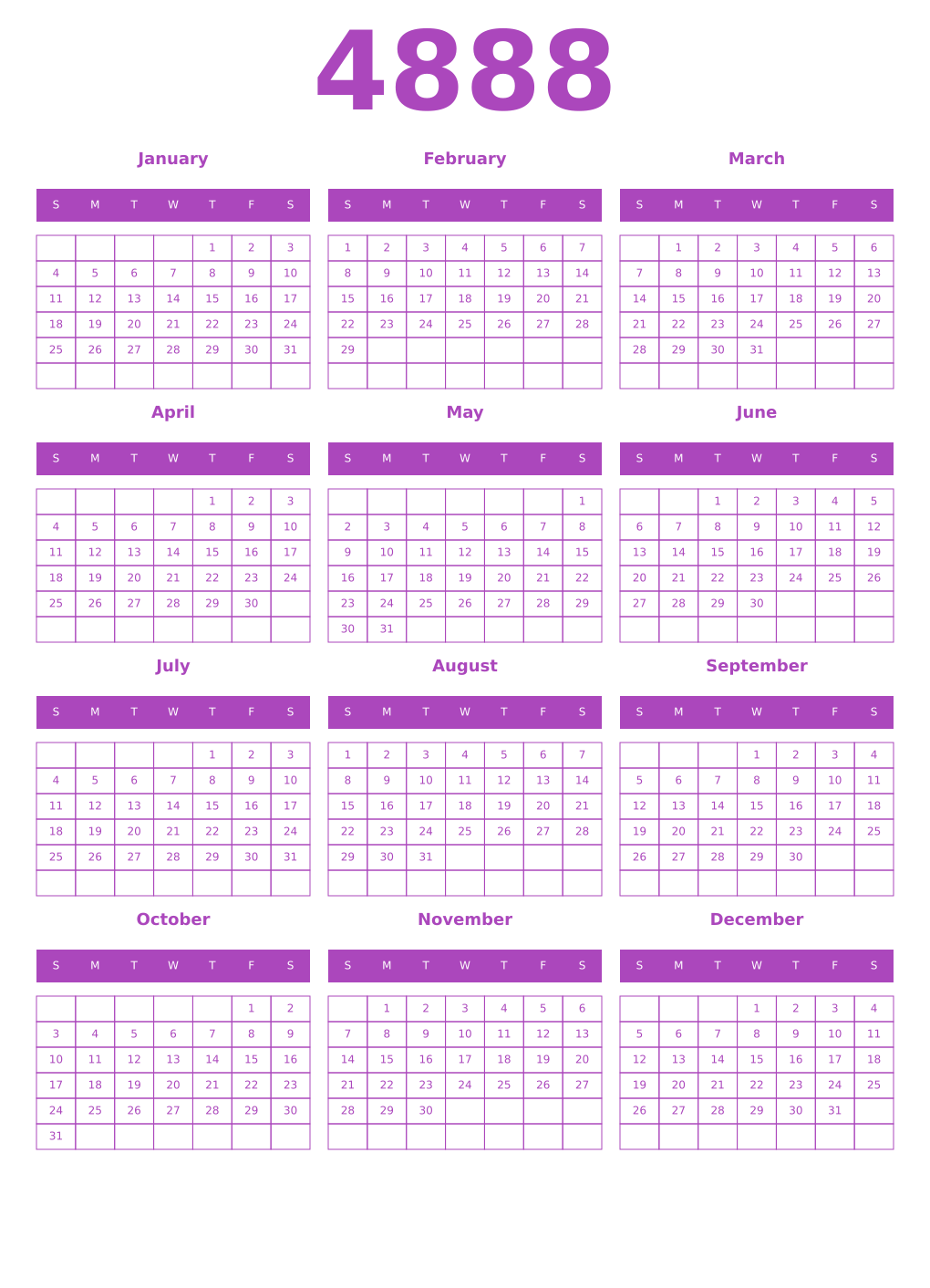Printable 4888 Year Calendars purple