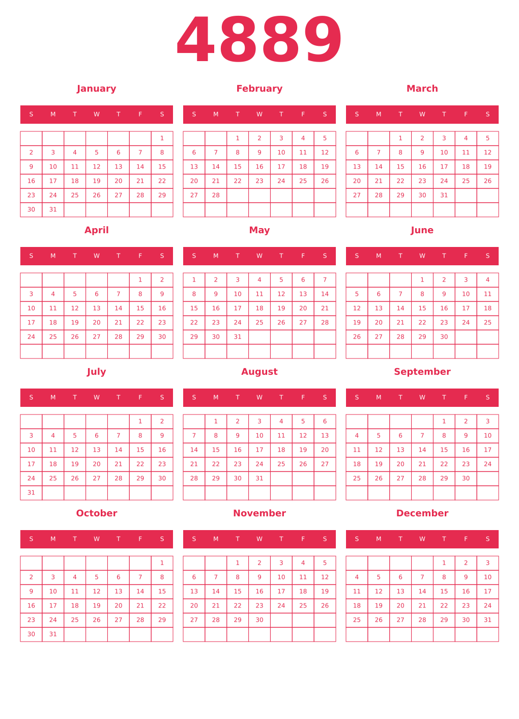 Printable 4889 Year Calendars amaranth