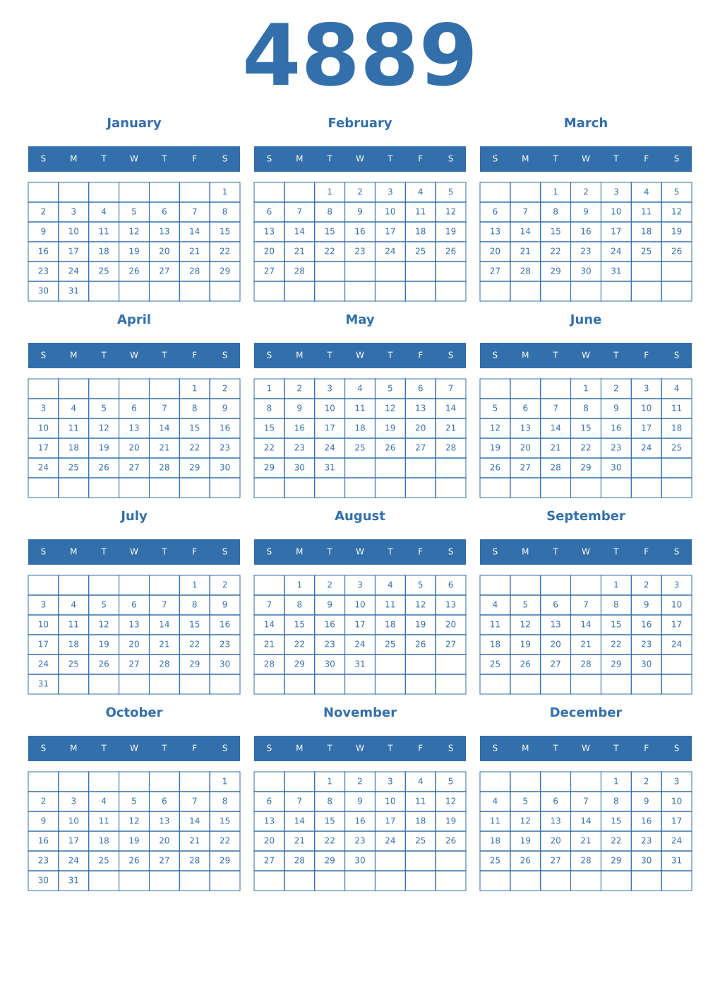 Printable 4889 Year Calendars blue
