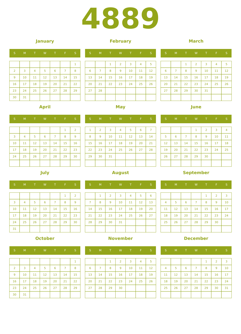Printable 4889 Year Calendars chartreuse