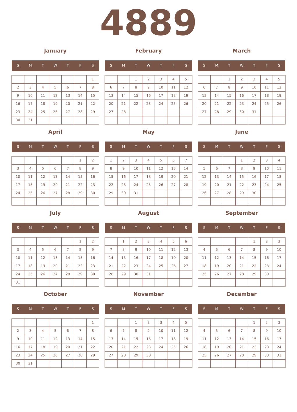 Printable 4889 Year Calendars coffe