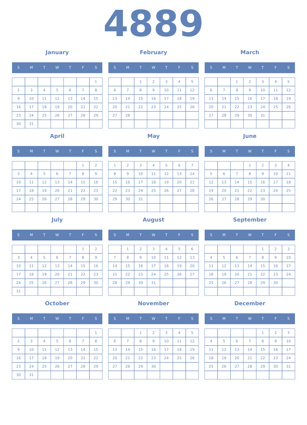 Printable 4889 Year Calendars glaucous