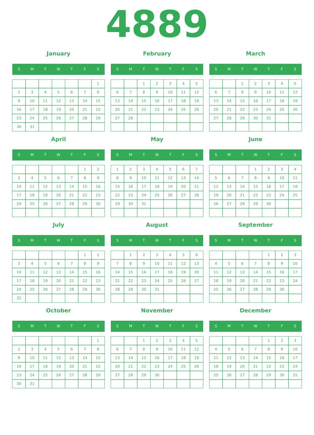 Printable 4889 Year Calendars green