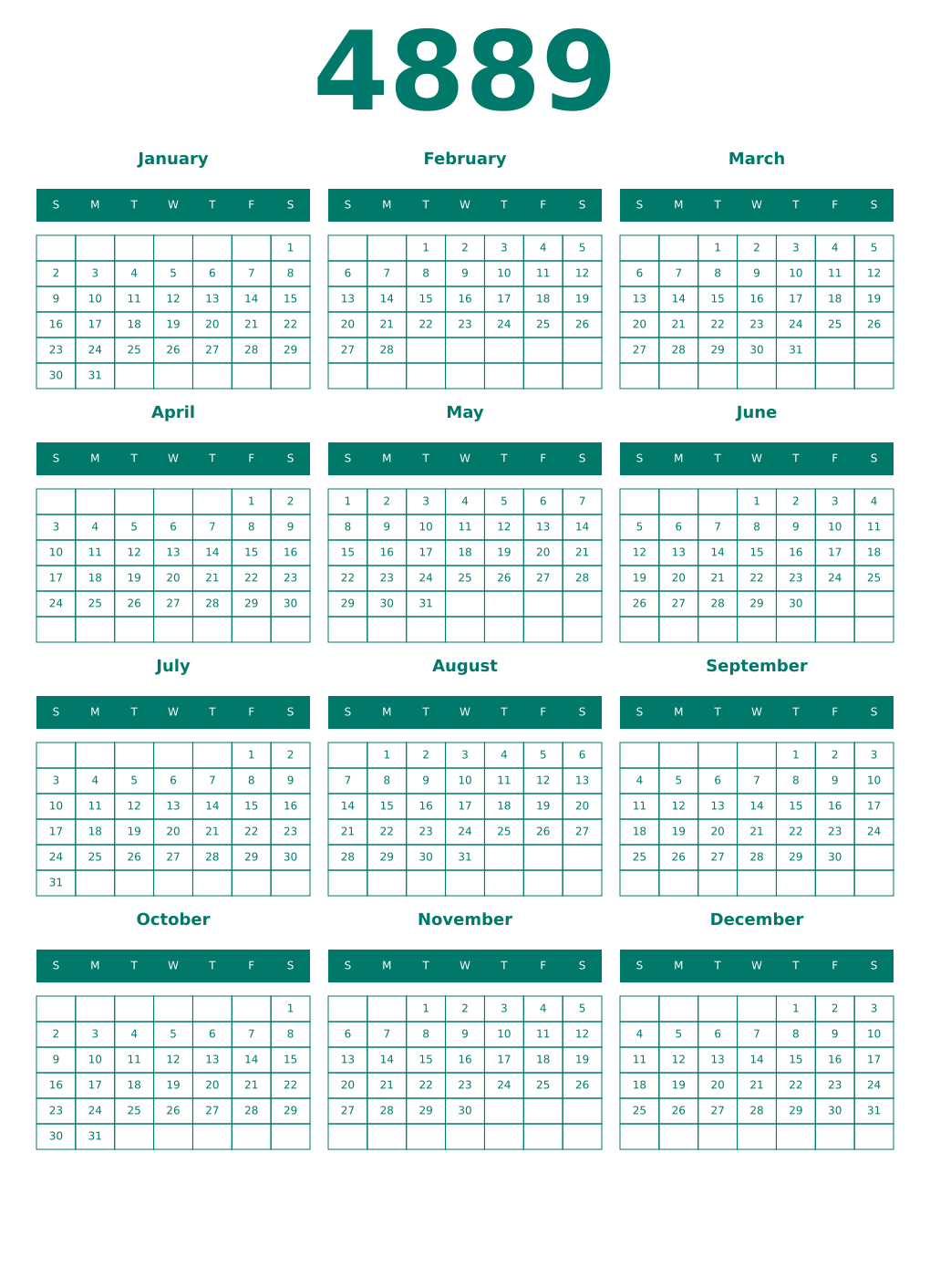 Printable 4889 Year Calendars pastel