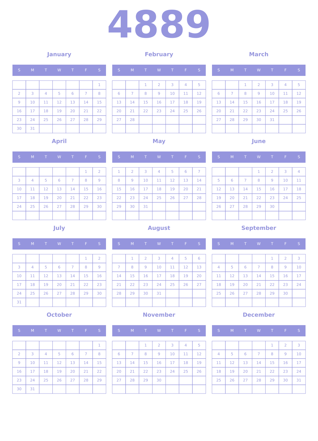 Printable 4889 Year Calendars periwinkle