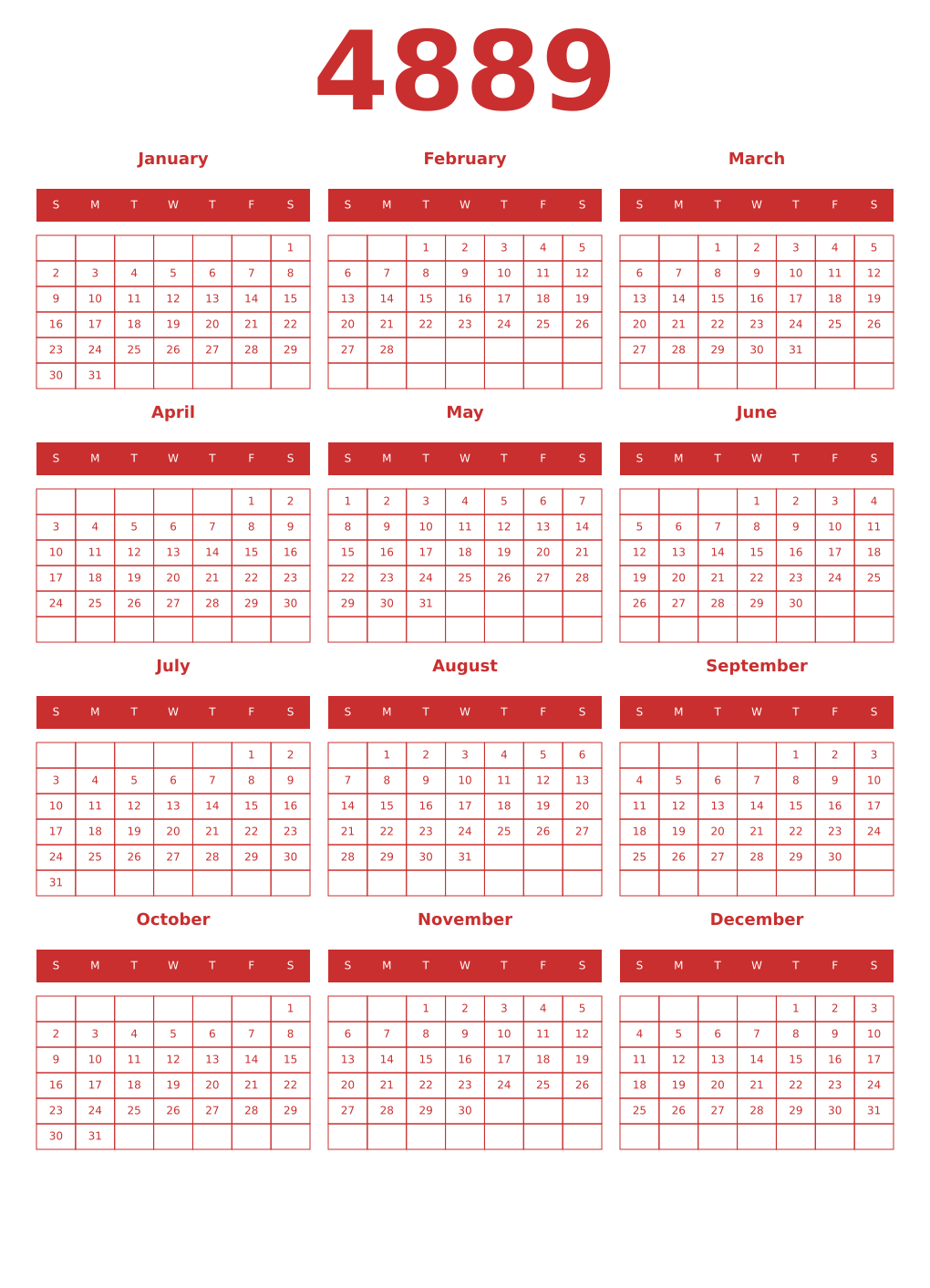 Printable 4889 Year Calendars red