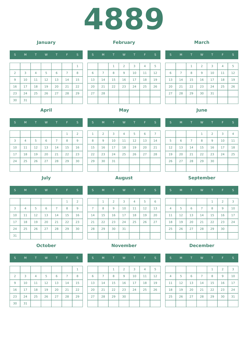 Printable 4889 Year Calendars viridian