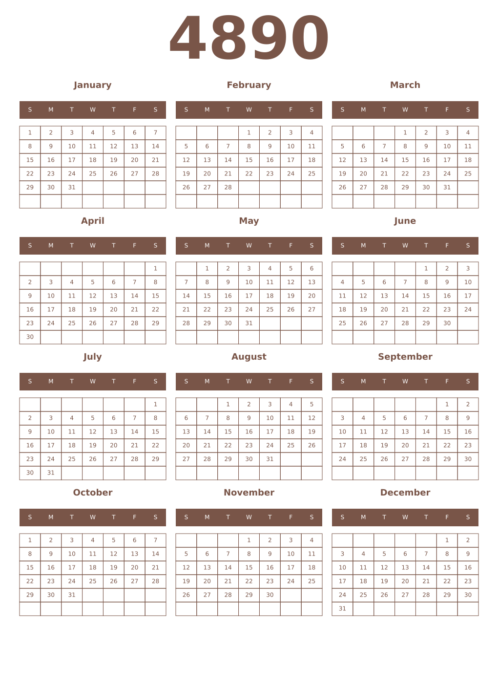 Printable 4890 Year Calendars coffe