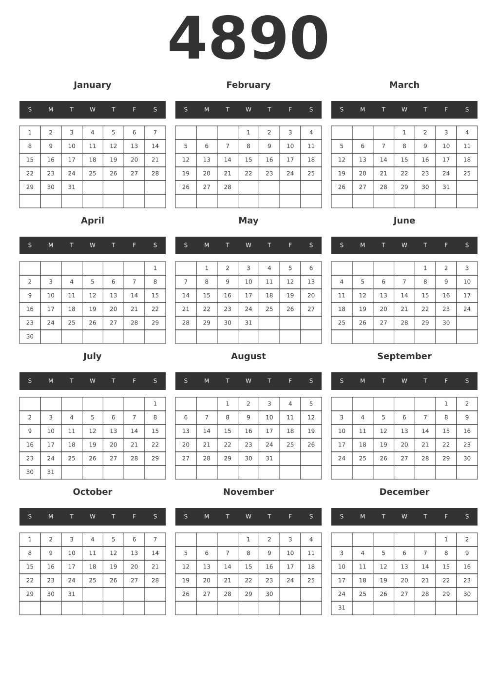 Printable 4890 Year Calendars dark