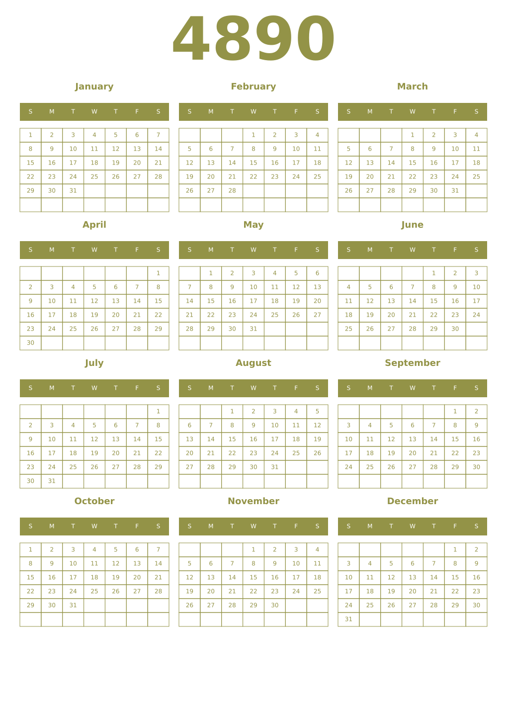 Printable 4890 Year Calendars eburnean