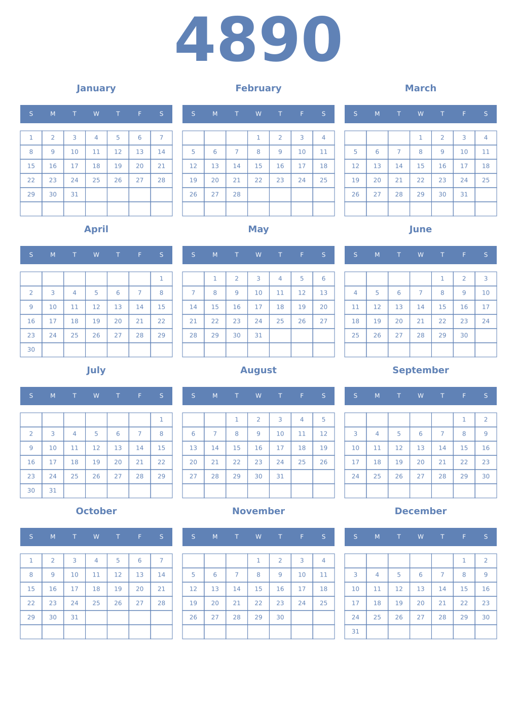 Printable 4890 Year Calendars glaucous