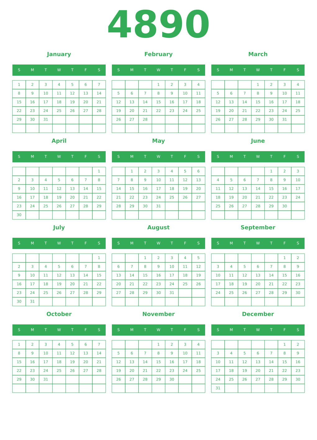 Printable 4890 Year Calendars green