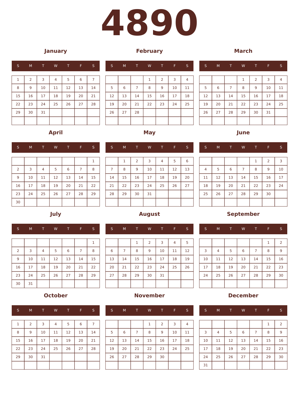 Printable 4890 Year Calendars mortuum