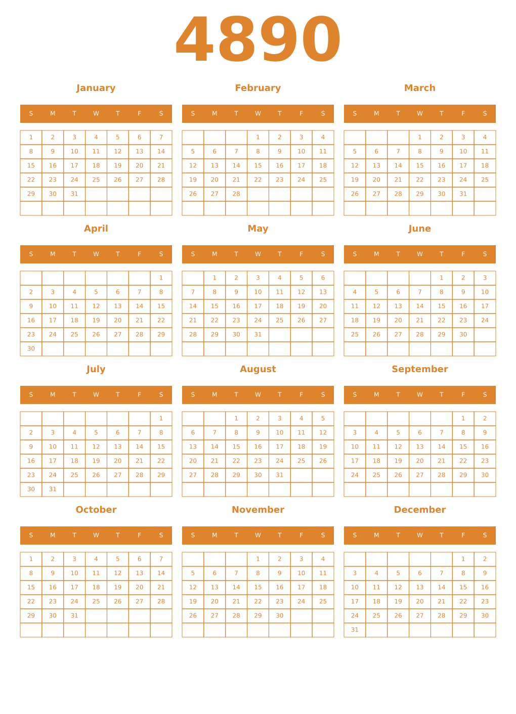 Printable 4890 Year Calendars orange