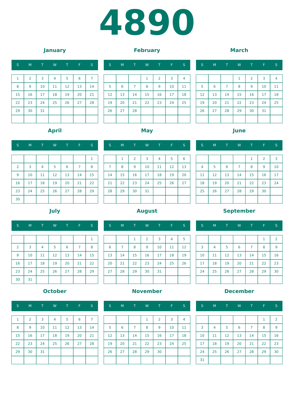 Printable 4890 Year Calendars pastel