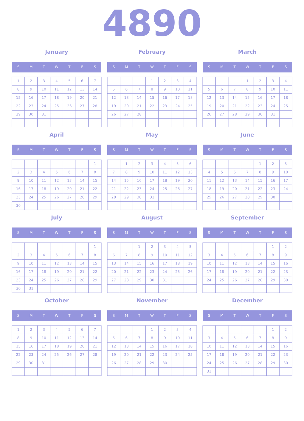 Printable 4890 Year Calendars periwinkle