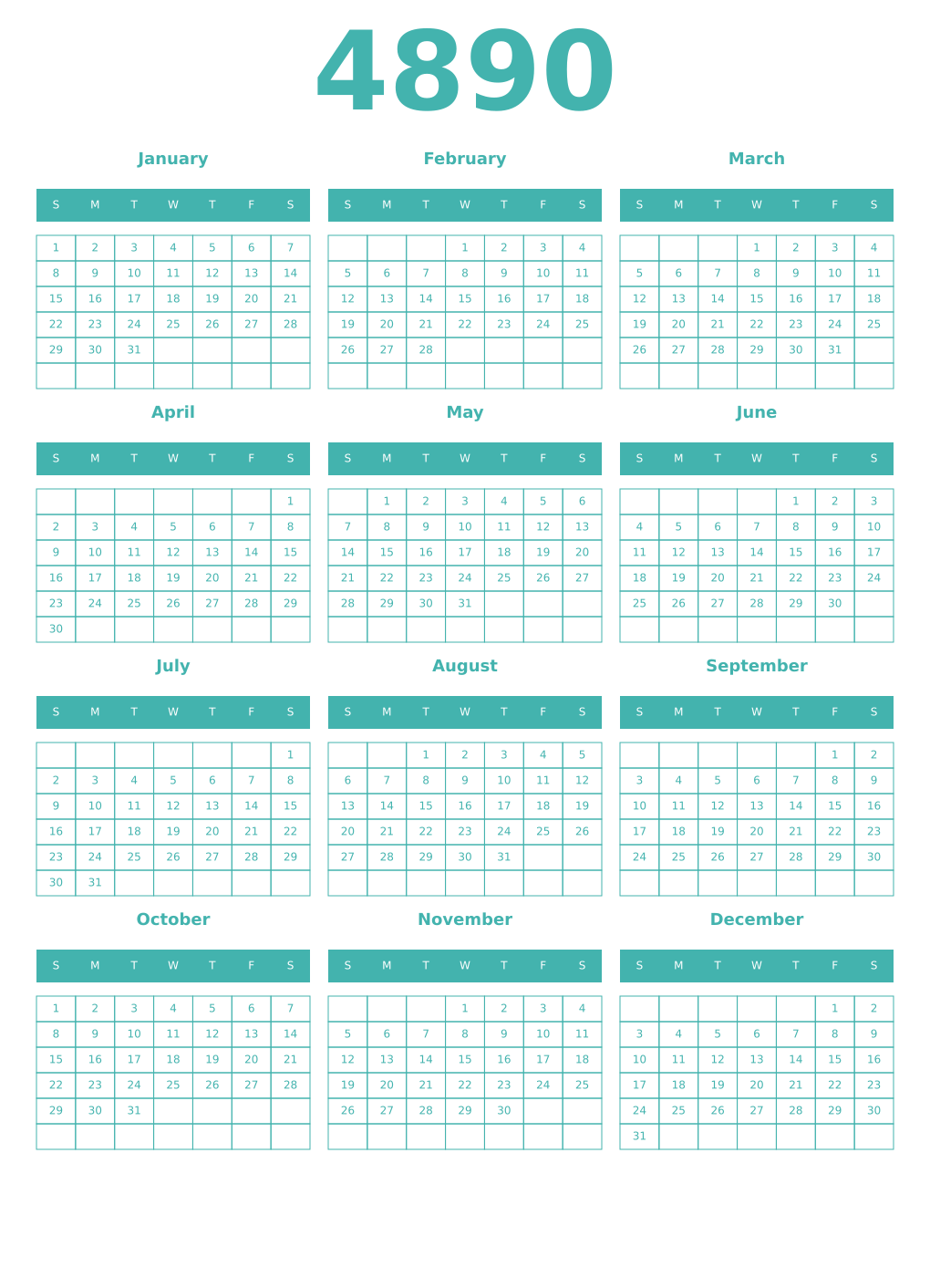 Printable 4890 Year Calendars verdigris