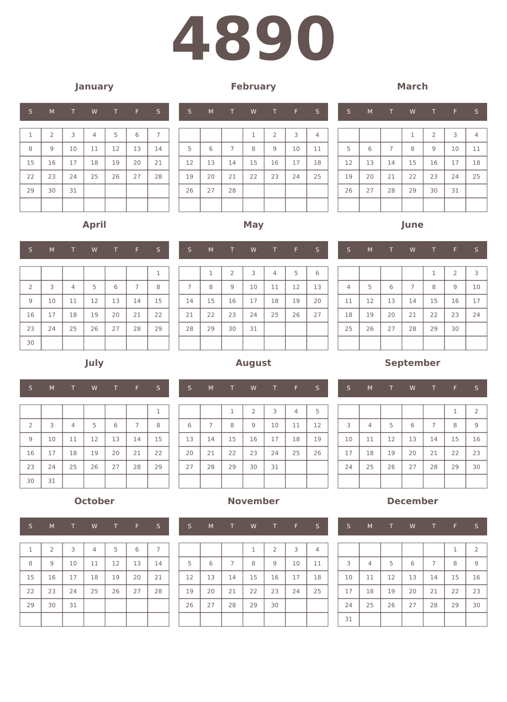 Printable 4890 Year Calendars wenge
