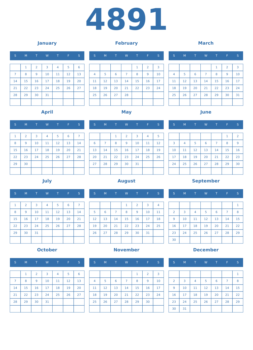 Printable 4891 Year Calendars blue