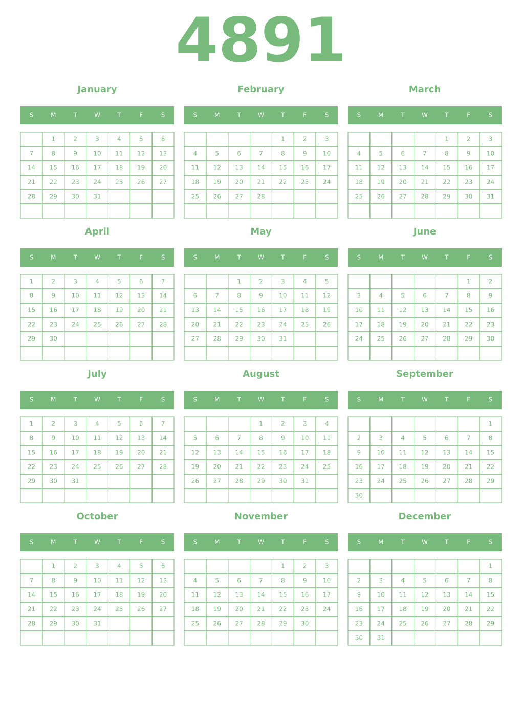 Printable 4891 Year Calendars celadon