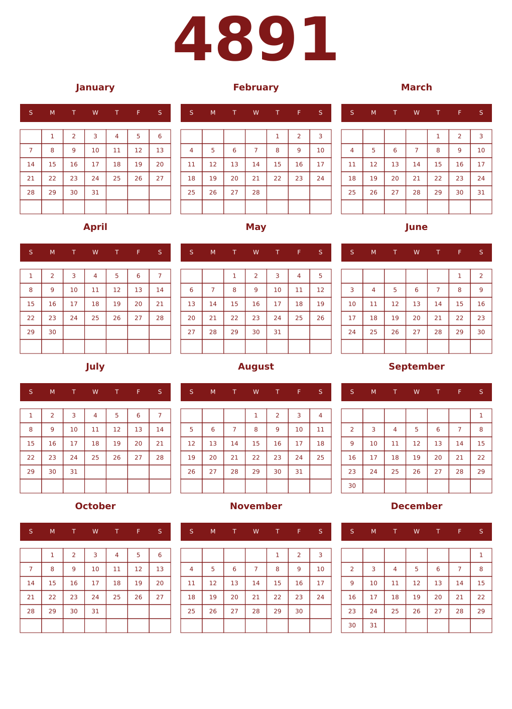 Printable 4891 Year Calendars falu