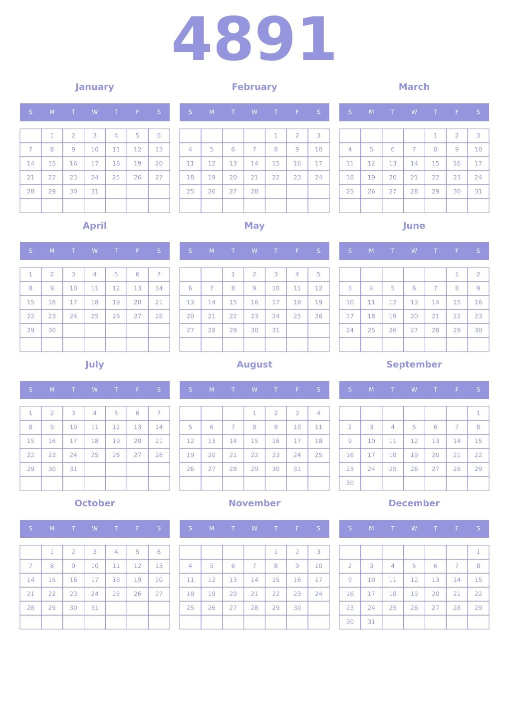 Printable 4891 Year Calendars periwinkle