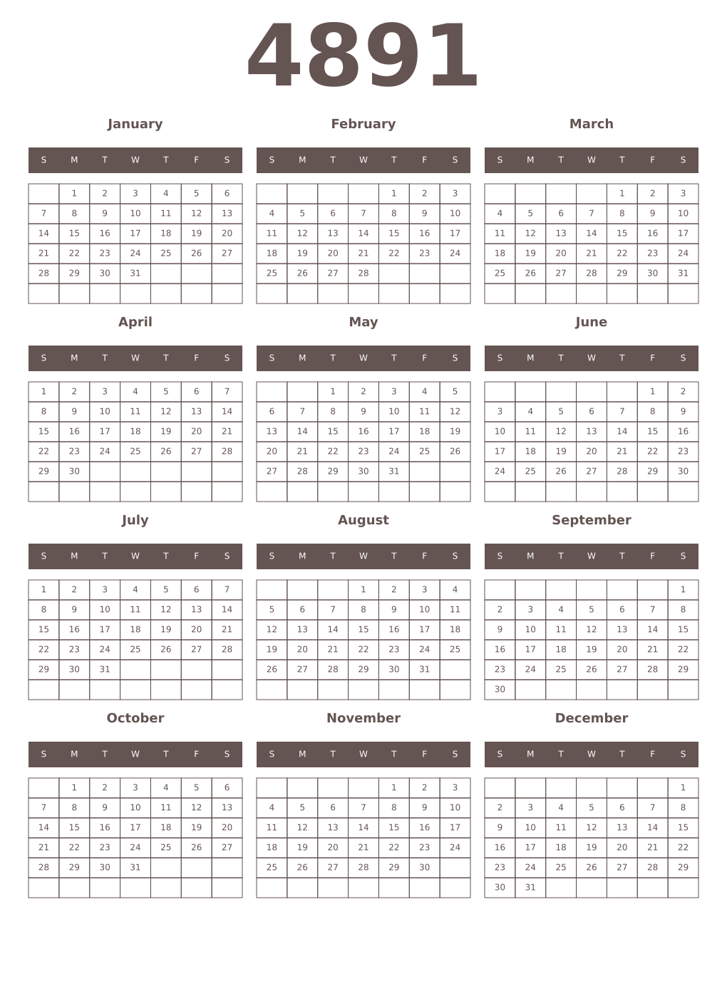 Printable 4891 Year Calendars wenge