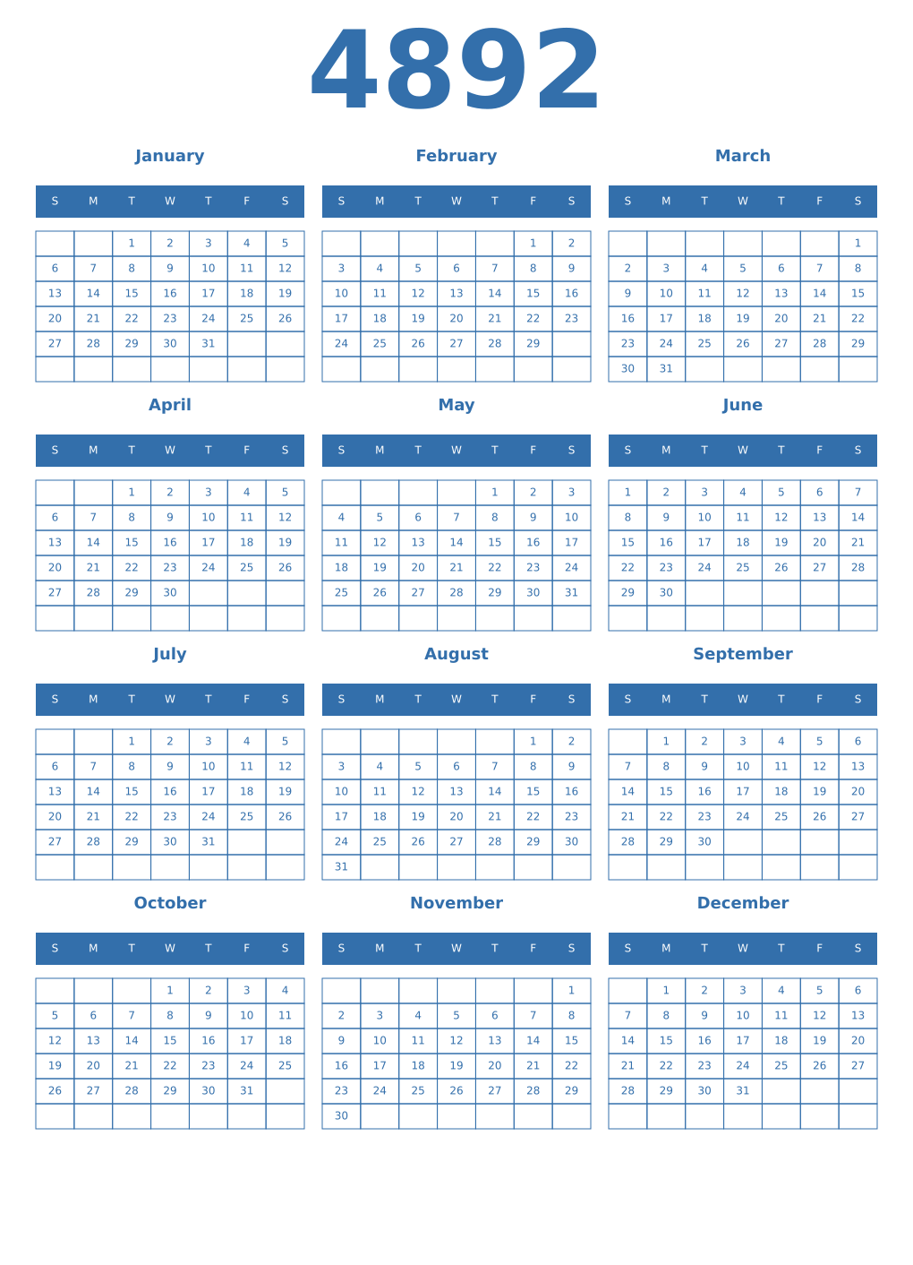 Printable 4892 Year Calendars blue