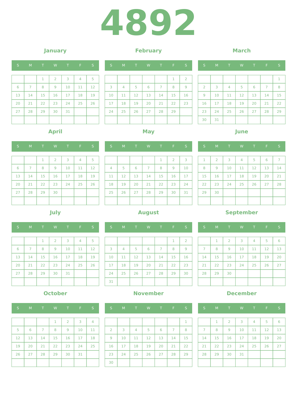 Printable 4892 Year Calendars celadon