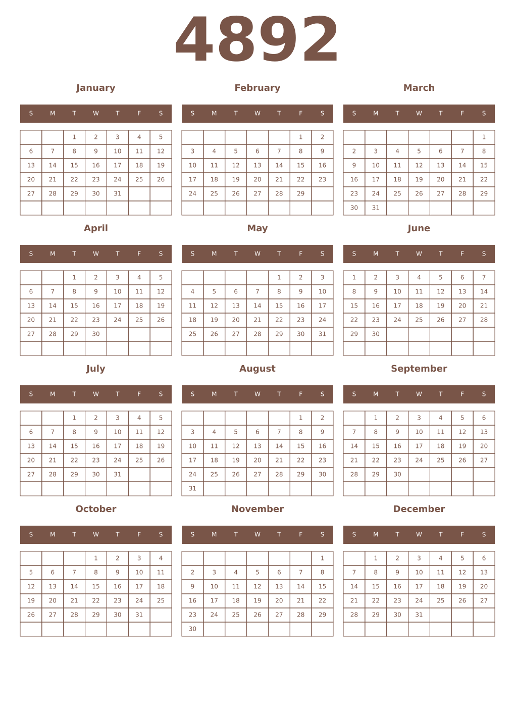 Printable 4892 Year Calendars coffe