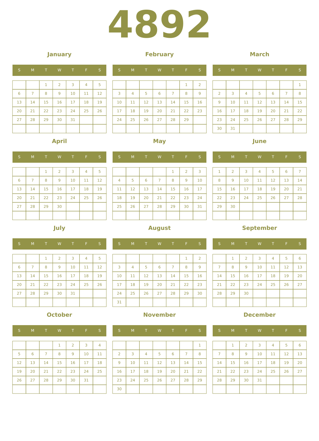 Printable 4892 Year Calendars eburnean