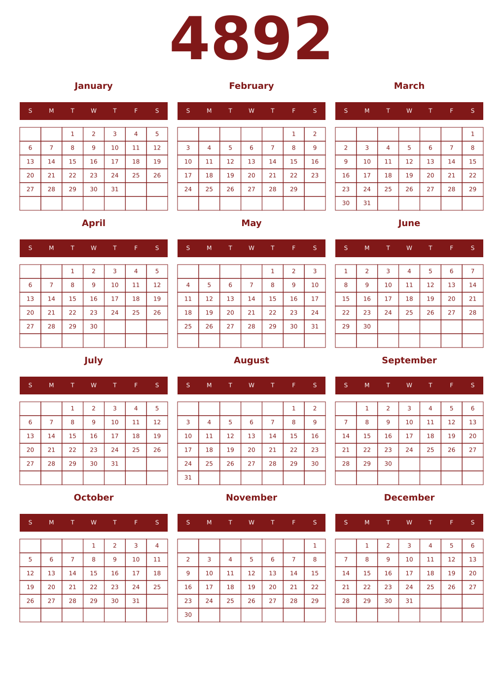 Printable 4892 Year Calendars falu