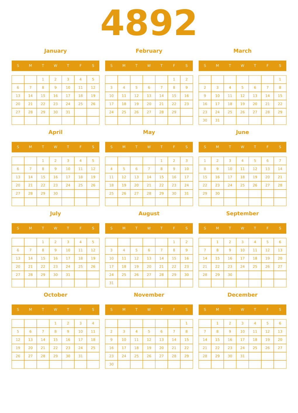Printable 4892 Year Calendars gamboge