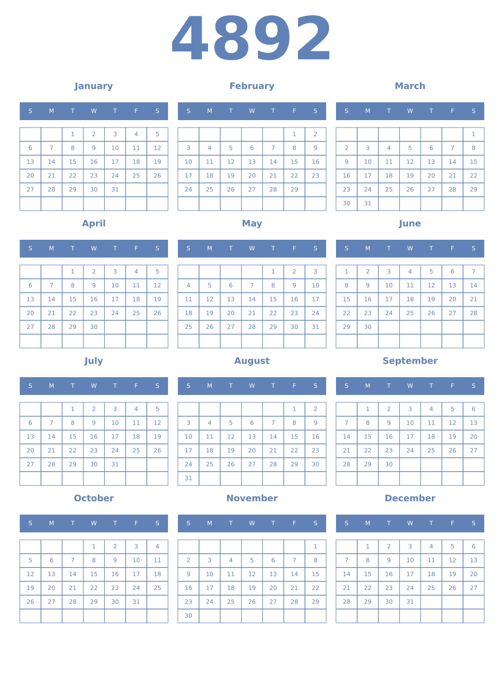 Printable 4892 Year Calendars glaucous
