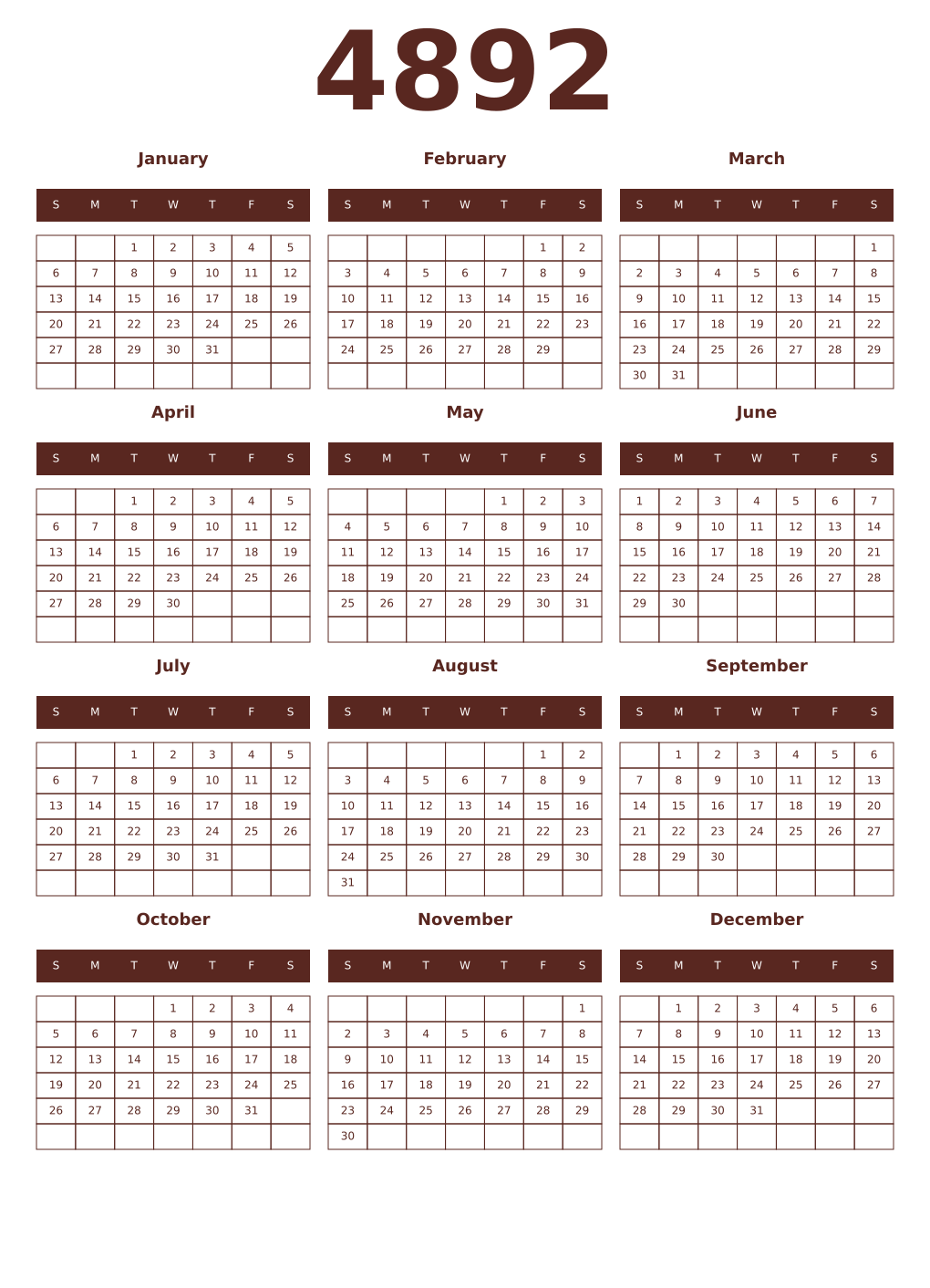 Printable 4892 Year Calendars mortuum