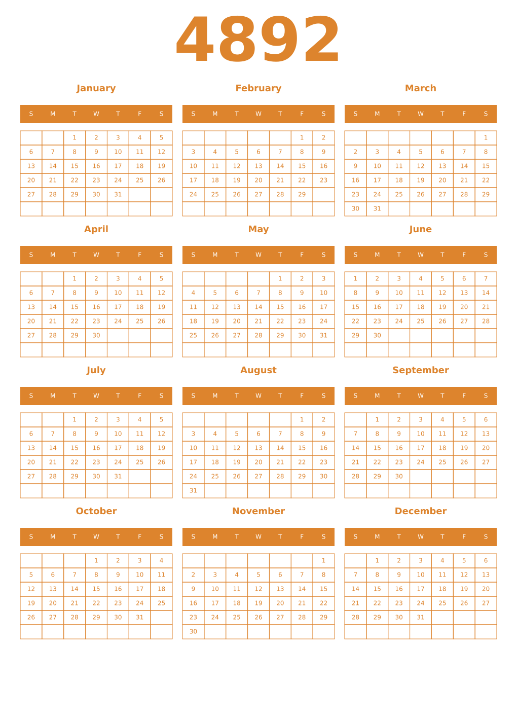Printable 4892 Year Calendars orange